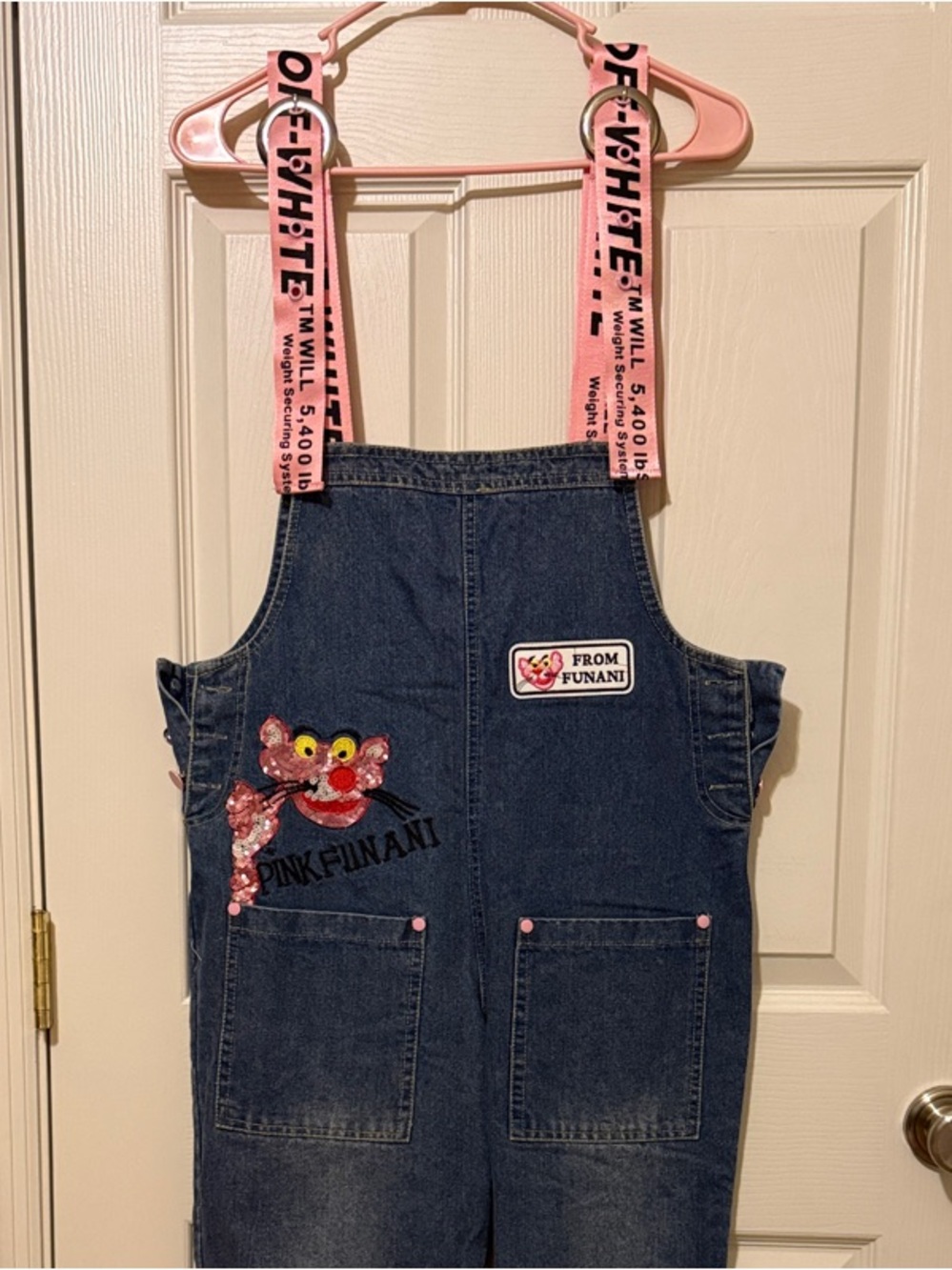 Off-White Dark Blue Denim Kids Overalls with Pink Strap Accents